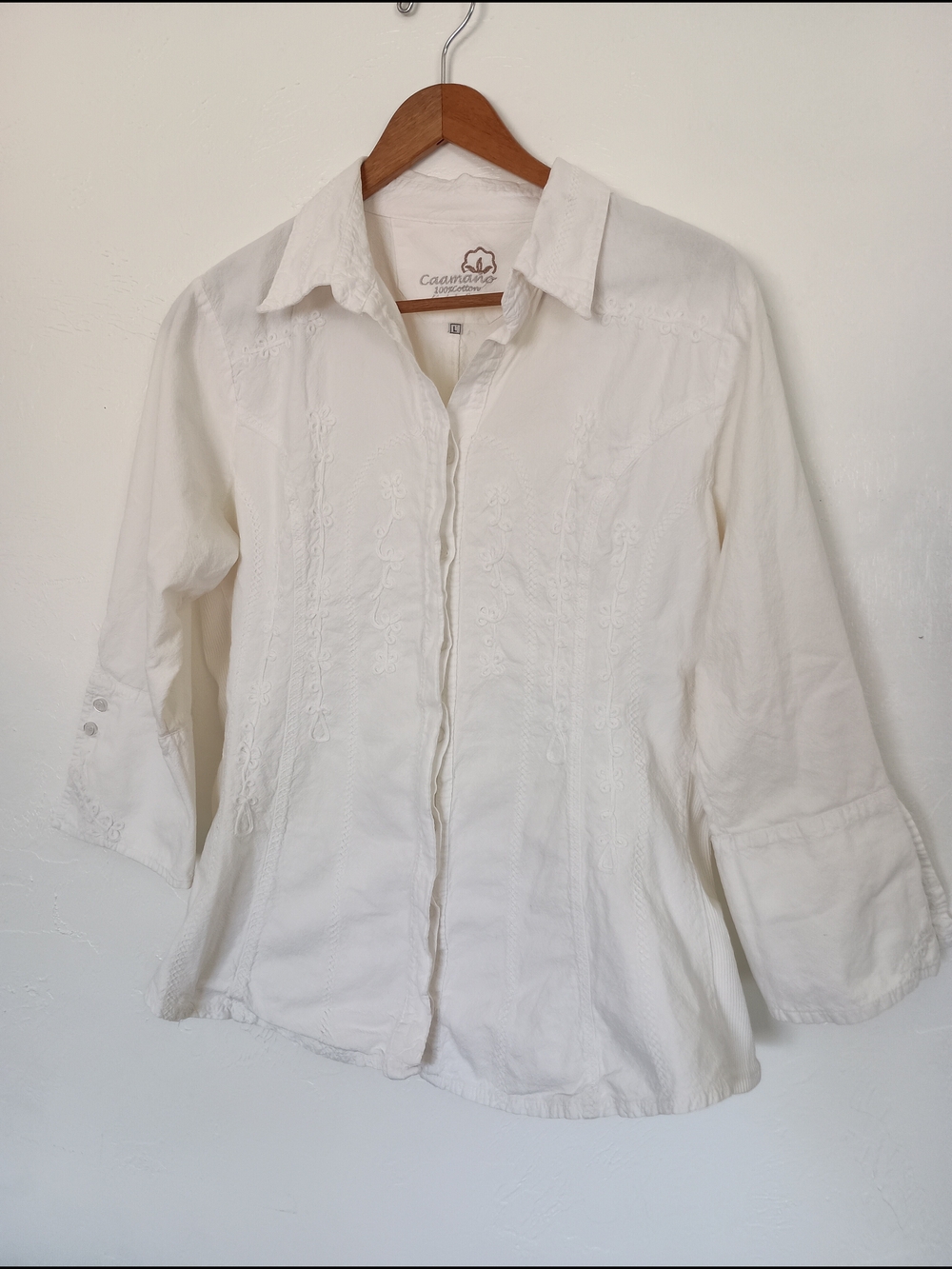 Caamano 100% Cotton Embroidered Button Front Collared 3/4 Sleeve Blouse L